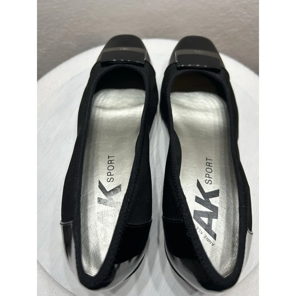 Ak Anne Klein Sport Wedge Shoes Patent Black Fabric Buckle Women's 10M